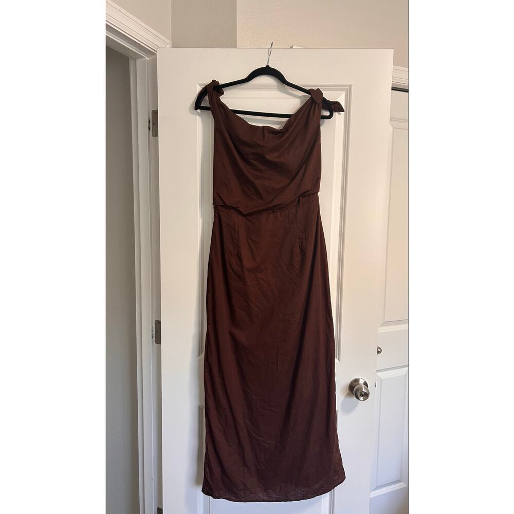 New Showpo Cincinnati Midi Dress Off The Shoulder Side Split Linen Dress Size L - Picture 10 of 10